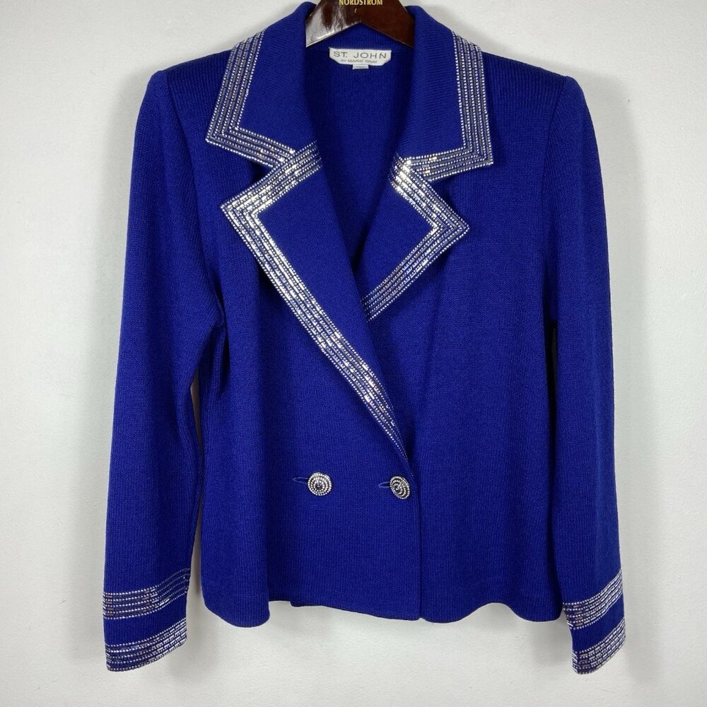 St. John Sz 14 Royal Blue Santana Knit Silver Paillette Rhinestone Blazer Jacket - Picture 2 of 9